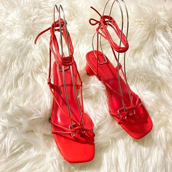 ZARA RED LOW HEEL STRAPS SANDALS - Picture 5 of 9